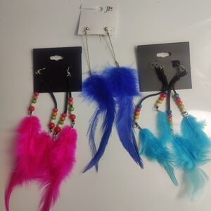Boho Feather Dangle Earrings Blue Pink Teal Beaded Dangle Drop Women